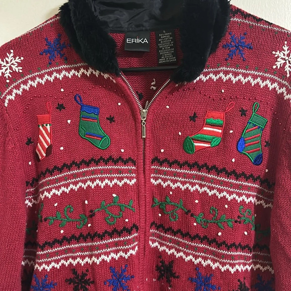 Vintage Christmas Cardigan Zip Sweater with Faux Fur Collar Embroidered/Beaded - Picture 4 of 7